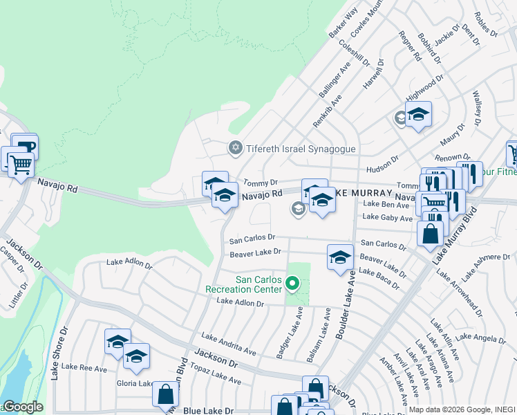 map of restaurants, bars, coffee shops, grocery stores, and more near 6565 Bantam Lake Circle in San Diego