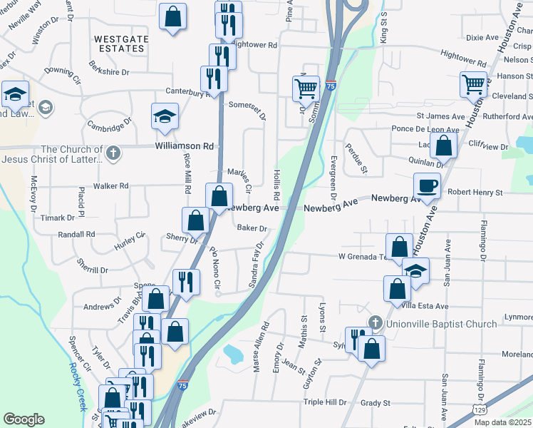 map of restaurants, bars, coffee shops, grocery stores, and more near 1219 Baker Drive in Macon