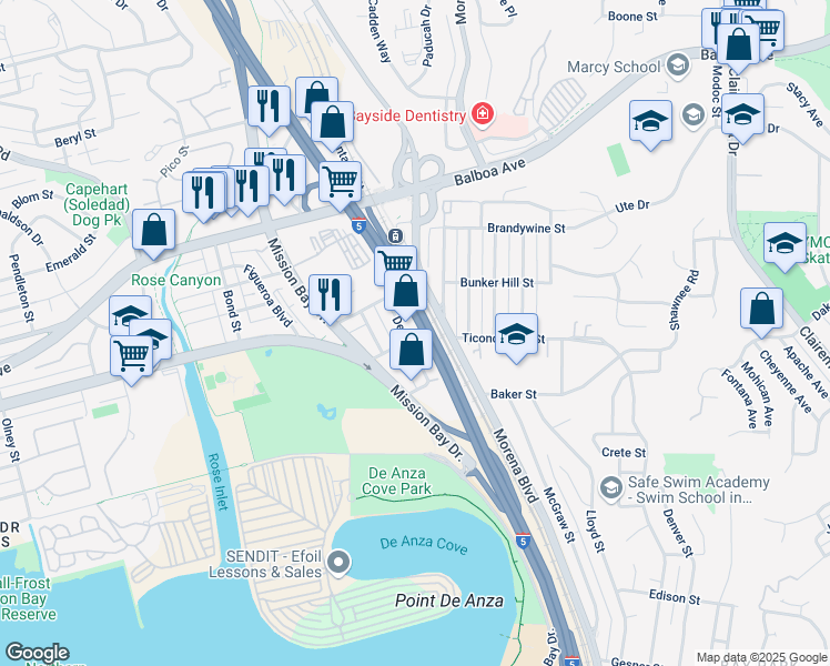 map of restaurants, bars, coffee shops, grocery stores, and more near 3455 Del Rey Street in San Diego