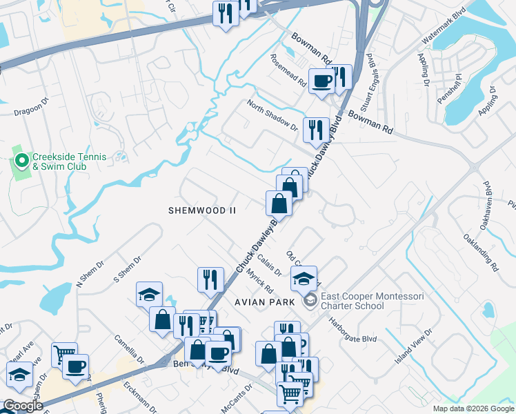 map of restaurants, bars, coffee shops, grocery stores, and more near 931 Blackrail Court in Mount Pleasant