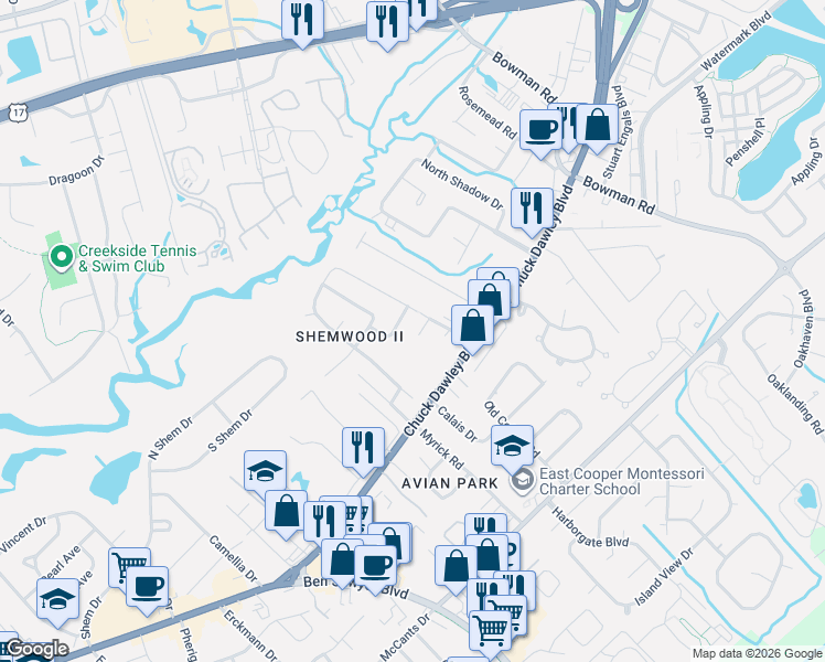 map of restaurants, bars, coffee shops, grocery stores, and more near 931 Blackrail Court in Mount Pleasant