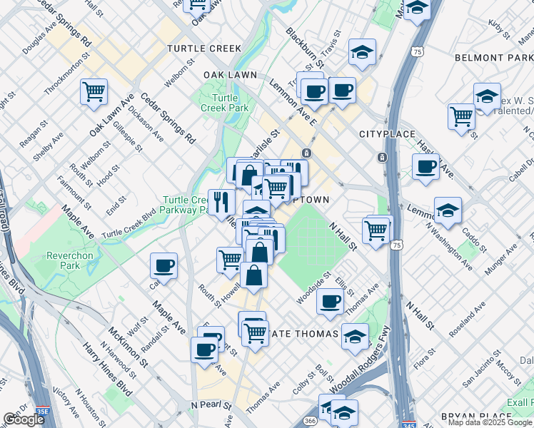 map of restaurants, bars, coffee shops, grocery stores, and more near 3131 McKinney Avenue in Dallas