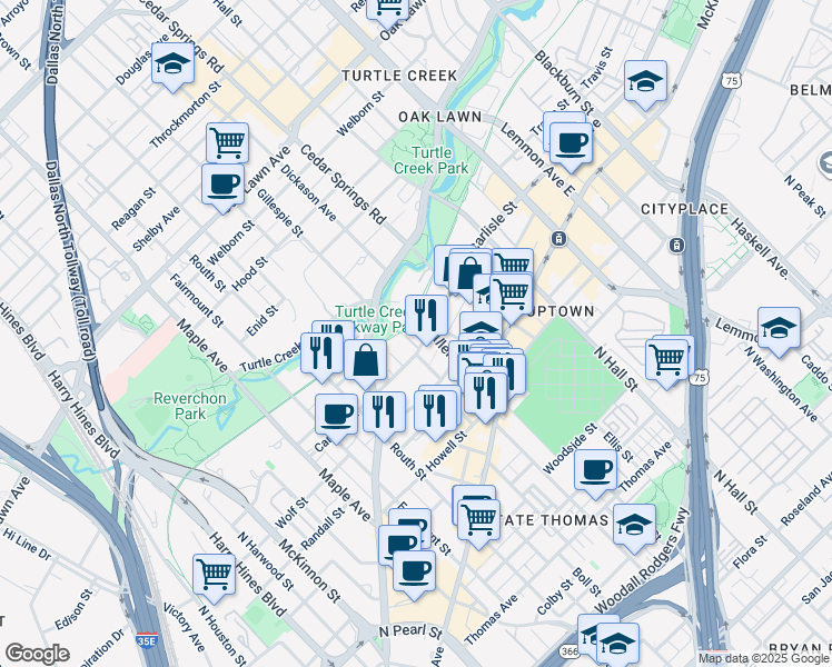 map of restaurants, bars, coffee shops, grocery stores, and more near 2929 Carlisle Street in Dallas