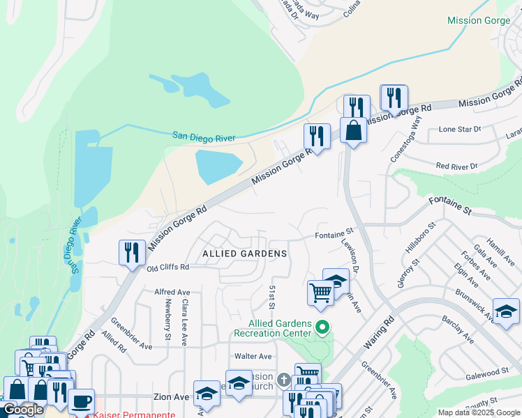 map of restaurants, bars, coffee shops, grocery stores, and more near 7401 Katelyn Court in San Diego