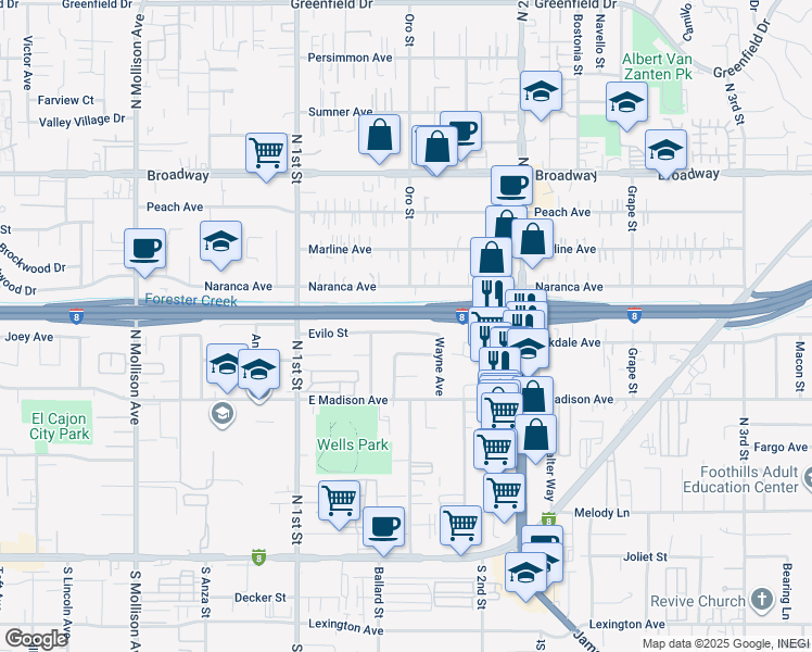 map of restaurants, bars, coffee shops, grocery stores, and more near 1198 Evilo Street in El Cajon