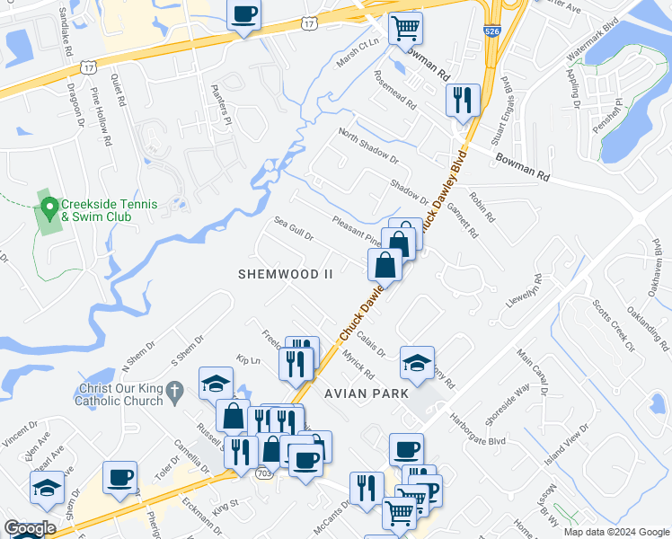map of restaurants, bars, coffee shops, grocery stores, and more near 926 Blackrail Court in Mount Pleasant