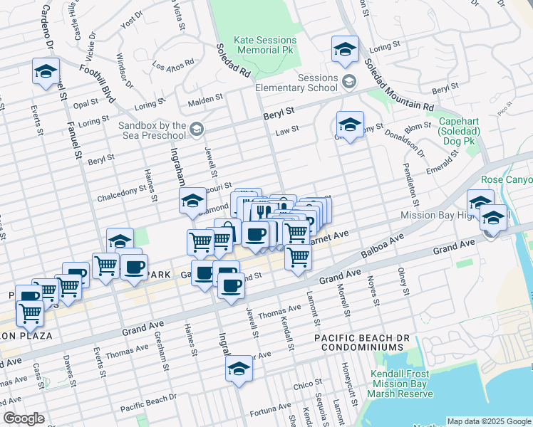 map of restaurants, bars, coffee shops, grocery stores, and more near 1801 Diamond Street in San Diego