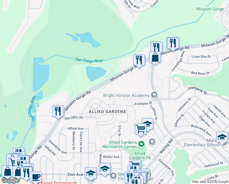 map of restaurants, bars, coffee shops, grocery stores, and more near 7401 Katelyn Court in San Diego