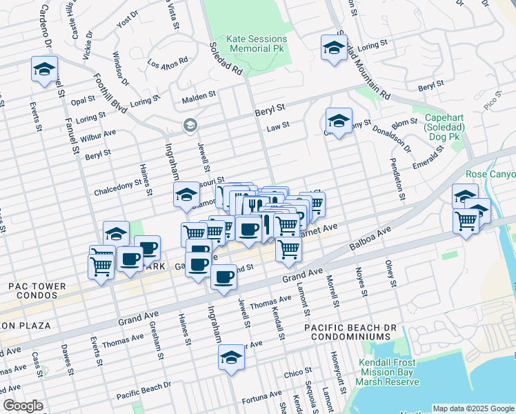 map of restaurants, bars, coffee shops, grocery stores, and more near in San Diego