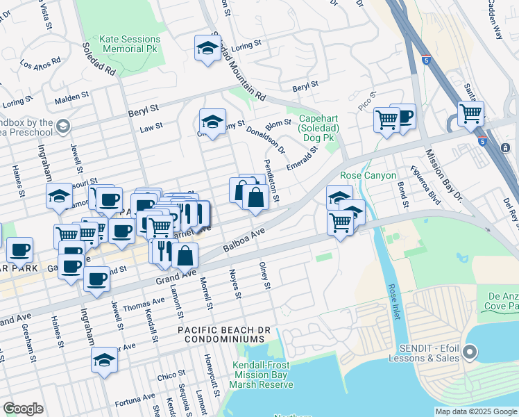 map of restaurants, bars, coffee shops, grocery stores, and more near 2228 Garnet Avenue in San Diego