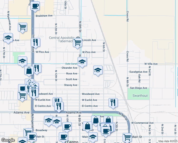 map of restaurants, bars, coffee shops, grocery stores, and more near 1177 North 8th Street in El Centro