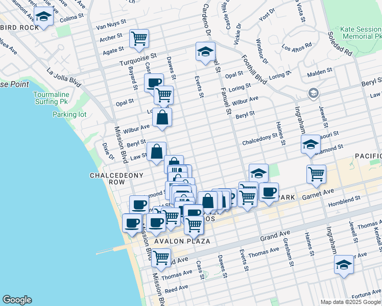 map of restaurants, bars, coffee shops, grocery stores, and more near 4804 Dawes Street in San Diego