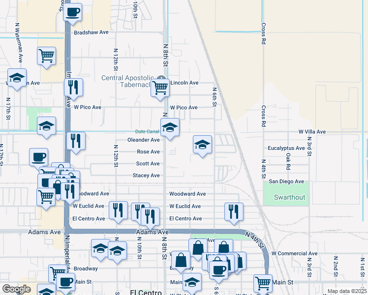 map of restaurants, bars, coffee shops, grocery stores, and more near 1177 North 8th Street in El Centro