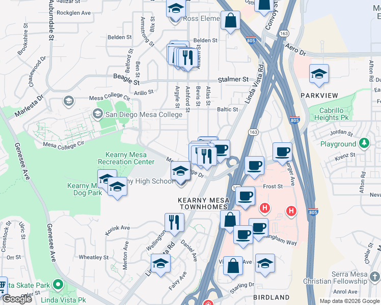 map of restaurants, bars, coffee shops, grocery stores, and more near 3230 Ashford Street in San Diego
