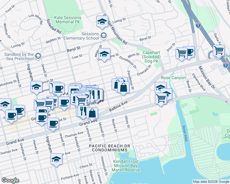 map of restaurants, bars, coffee shops, grocery stores, and more near 2155 Felspar Street in San Diego