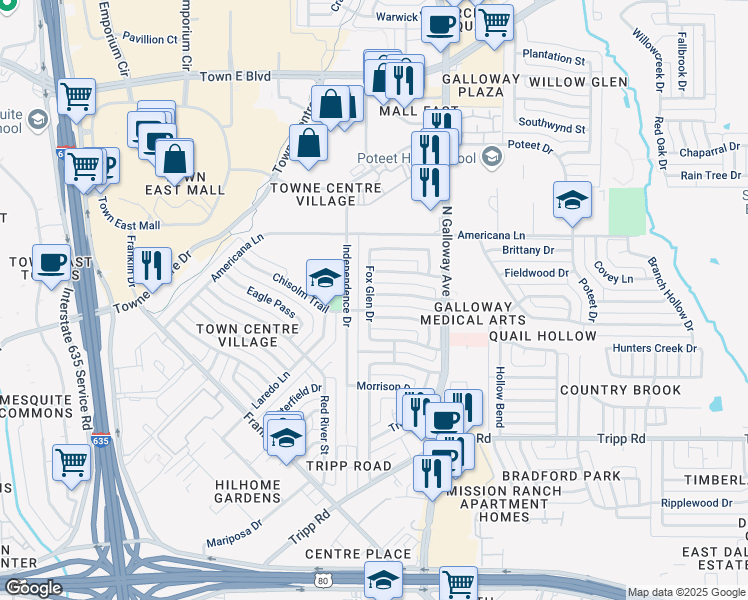 map of restaurants, bars, coffee shops, grocery stores, and more near 1026 Arborside Drive in Mesquite