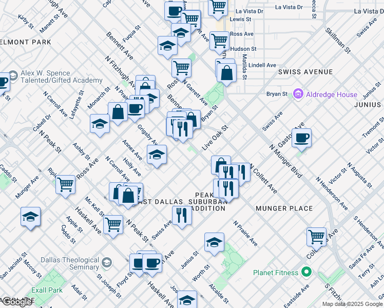 map of restaurants, bars, coffee shops, grocery stores, and more near 4760 Asher Place in Dallas