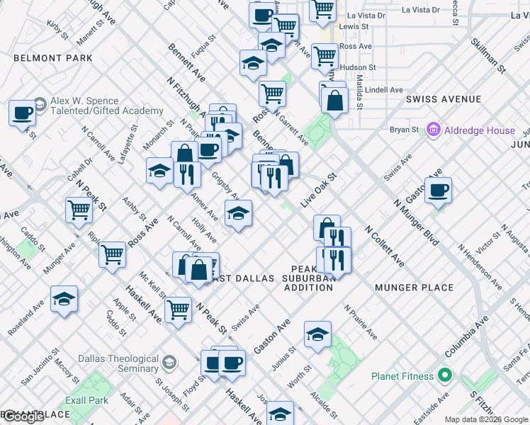 map of restaurants, bars, coffee shops, grocery stores, and more near 1310 Grigsby Avenue in Dallas