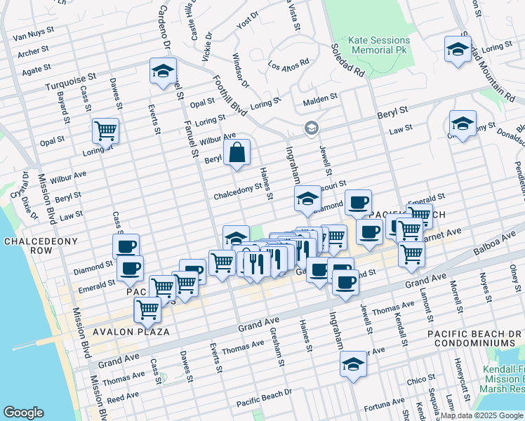 map of restaurants, bars, coffee shops, grocery stores, and more near 1455 Missouri Street in San Diego