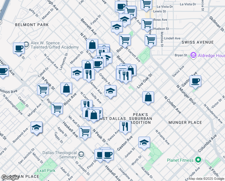 map of restaurants, bars, coffee shops, grocery stores, and more near 4645 Bryan Street in Dallas