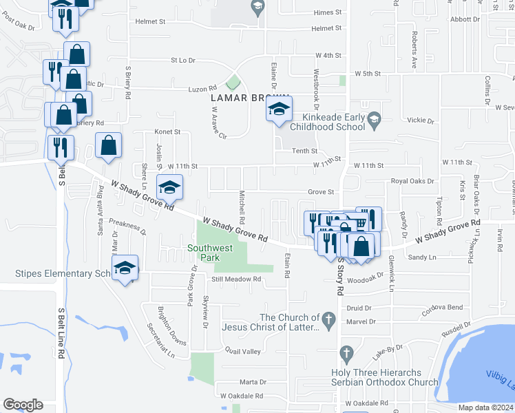 map of restaurants, bars, coffee shops, grocery stores, and more near 1105 Brandon Court in Irving