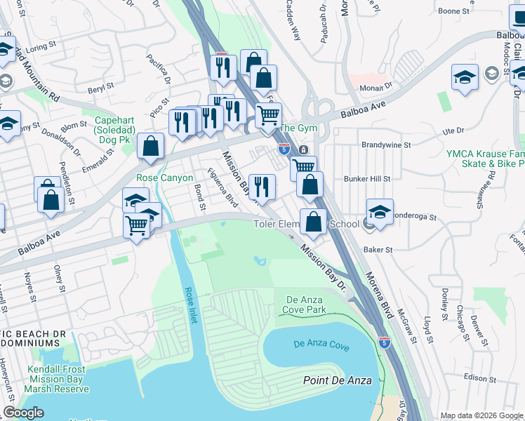 map of restaurants, bars, coffee shops, grocery stores, and more near 2859 Grand Avenue in San Diego