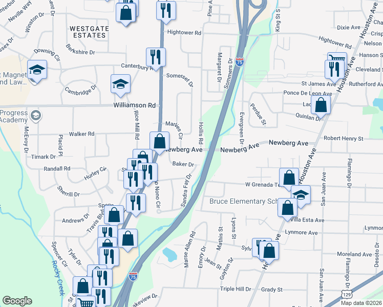 map of restaurants, bars, coffee shops, grocery stores, and more near 1219 Baker Drive in Macon