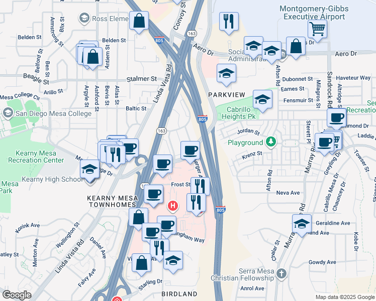 map of restaurants, bars, coffee shops, grocery stores, and more near 3131 Berger Avenue in San Diego