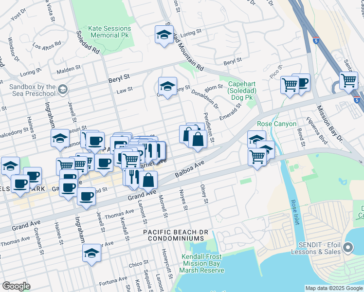 map of restaurants, bars, coffee shops, grocery stores, and more near 2138 Garnet Avenue in San Diego