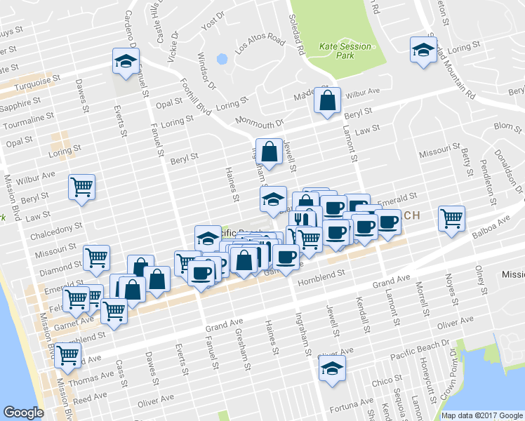 map of restaurants, bars, coffee shops, grocery stores, and more near 1516 Diamond Street in San Diego