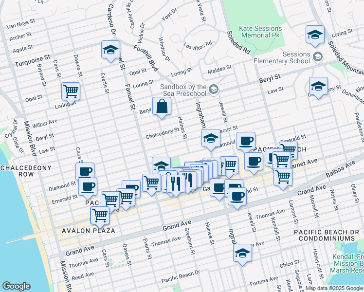map of restaurants, bars, coffee shops, grocery stores, and more near 1450 Diamond Street in San Diego