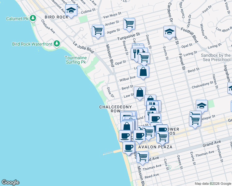 map of restaurants, bars, coffee shops, grocery stores, and more near 4853 Dixie Drive in San Diego