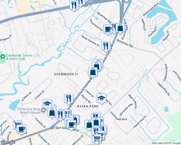 map of restaurants, bars, coffee shops, grocery stores, and more near 1122 Interstate 526 Business Spur in Mount Pleasant
