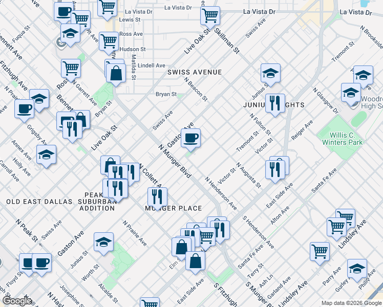 map of restaurants, bars, coffee shops, grocery stores, and more near 612 North Henderson Avenue in Dallas