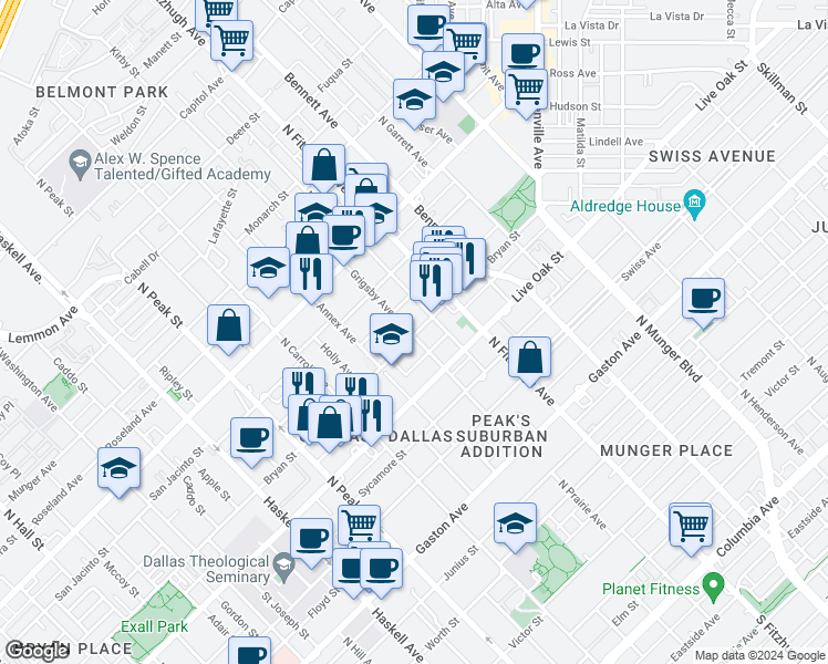 map of restaurants, bars, coffee shops, grocery stores, and more near 4609 Bryan Street in Dallas