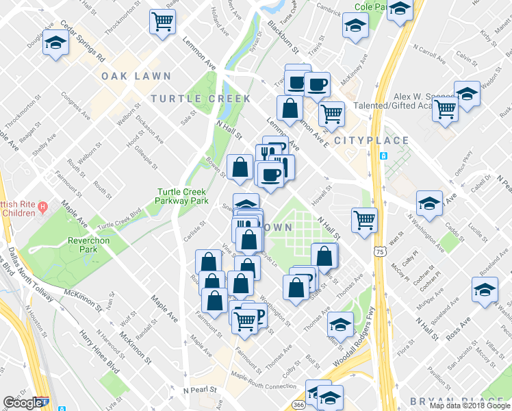 map of restaurants, bars, coffee shops, grocery stores, and more near in Dallas