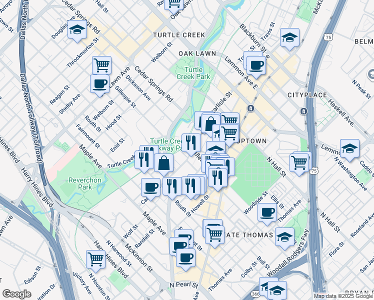 map of restaurants, bars, coffee shops, grocery stores, and more near 2900 Carlisle Street in Dallas
