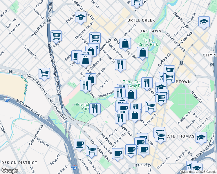 map of restaurants, bars, coffee shops, grocery stores, and more near 2600 Turtle Creek Boulevard in Dallas