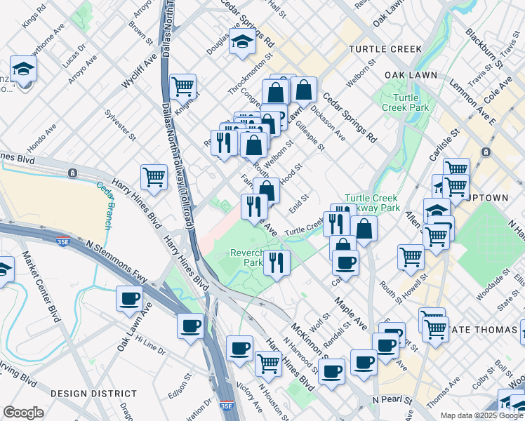 map of restaurants, bars, coffee shops, grocery stores, and more near 3500 Maple Avenue in Dallas