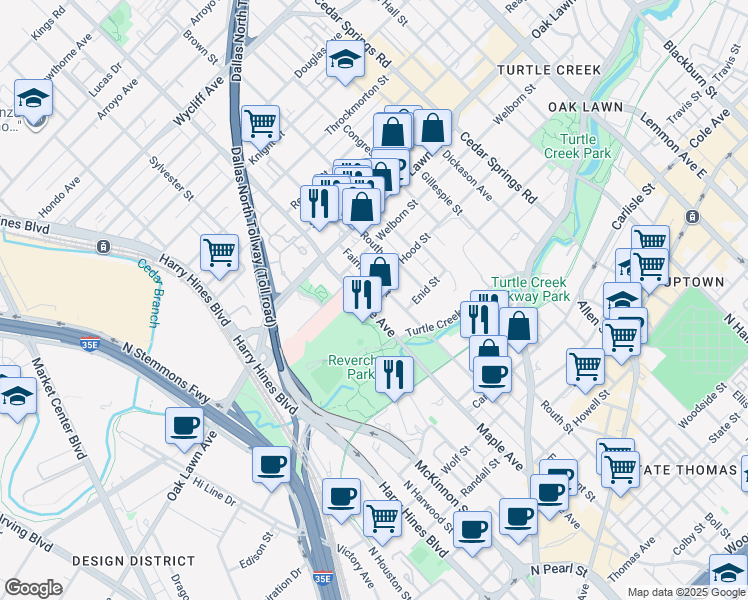 map of restaurants, bars, coffee shops, grocery stores, and more near 3500 Maple Avenue in Dallas