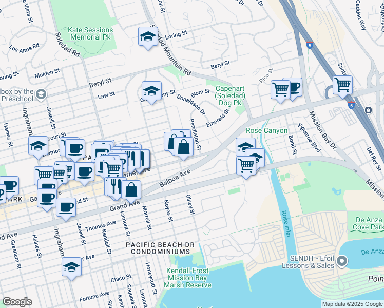 map of restaurants, bars, coffee shops, grocery stores, and more near 2252 Garnet Avenue in San Diego