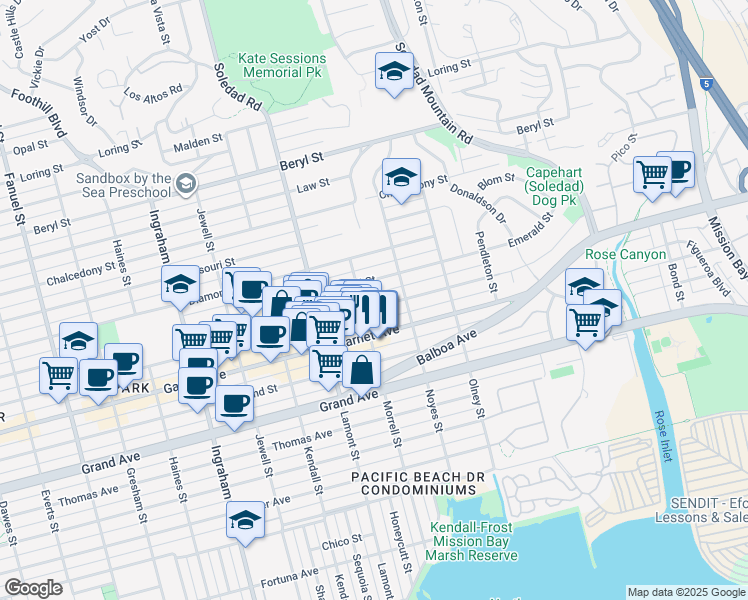 map of restaurants, bars, coffee shops, grocery stores, and more near 2022 Felspar Street in San Diego