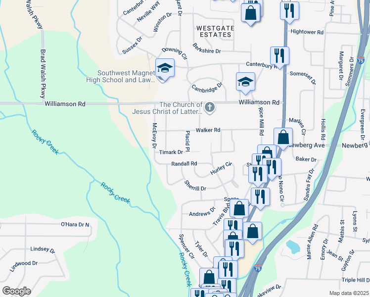 map of restaurants, bars, coffee shops, grocery stores, and more near 3357 Placid Place in Macon