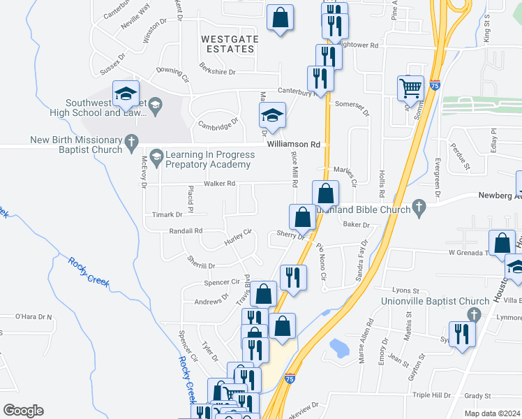 map of restaurants, bars, coffee shops, grocery stores, and more near 3364 Tamplin Terrace in Macon