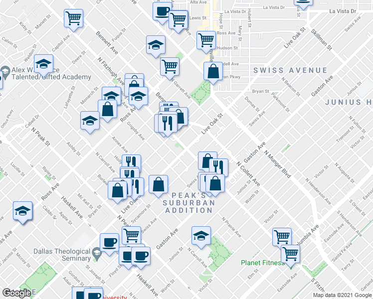 map of restaurants, bars, coffee shops, grocery stores, and more near N Fitzhugh Ave & Live Oak St in Dallas