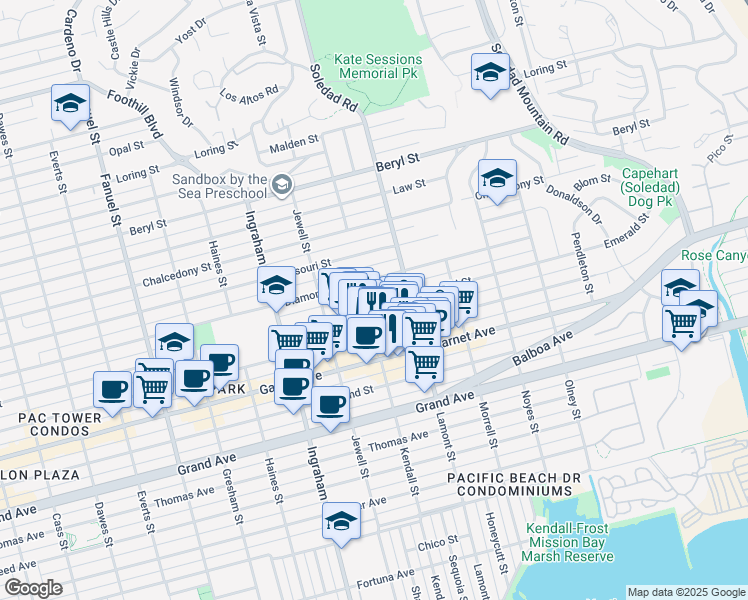 map of restaurants, bars, coffee shops, grocery stores, and more near 1775 Diamond Street in San Diego