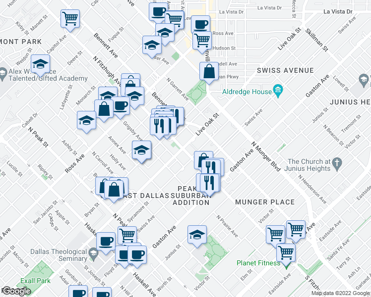 map of restaurants, bars, coffee shops, grocery stores, and more near 4904 Live Oak Street in Dallas