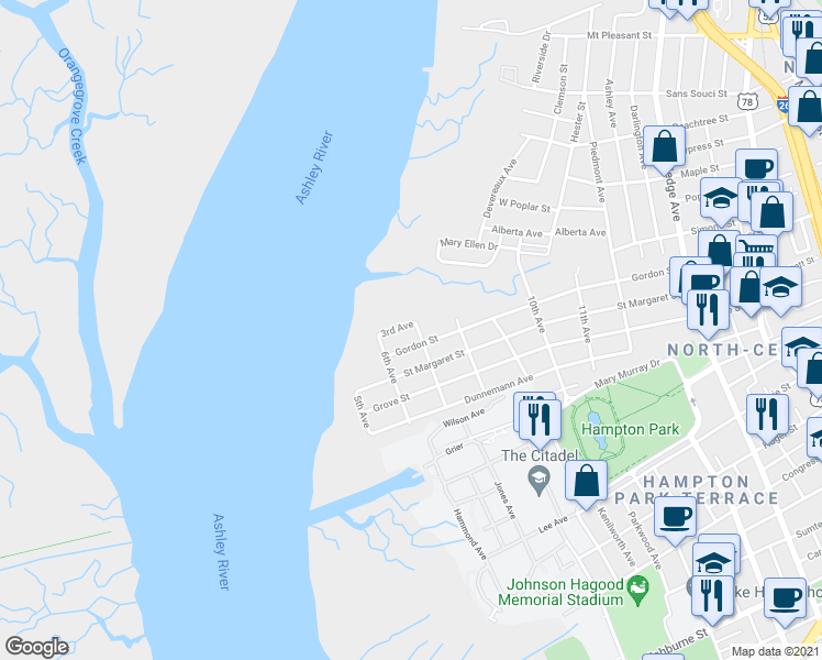 map of restaurants, bars, coffee shops, grocery stores, and more near 63 Wagener Avenue in Charleston