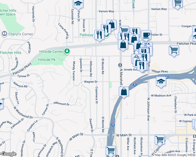 map of restaurants, bars, coffee shops, grocery stores, and more near 617 Cuyamaca Street in El Cajon