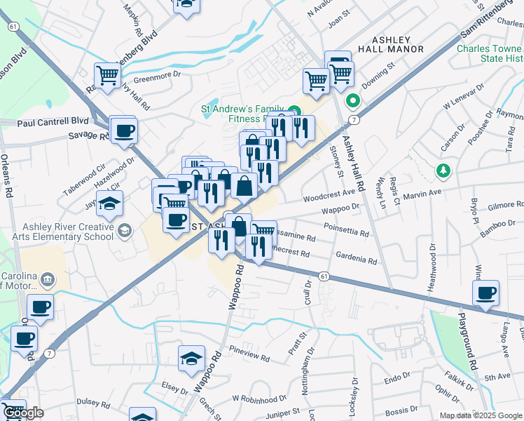 map of restaurants, bars, coffee shops, grocery stores, and more near 1250 Wappoo Road in Charleston